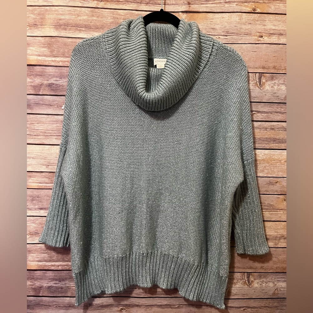 Chico’s aqua cowl neck 3/4 sleeve slouchy shimmer sweater Size 2 Large E…